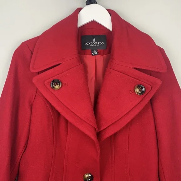 London Fog Red Collar Wool Blend Lined Pea Coat Size Small